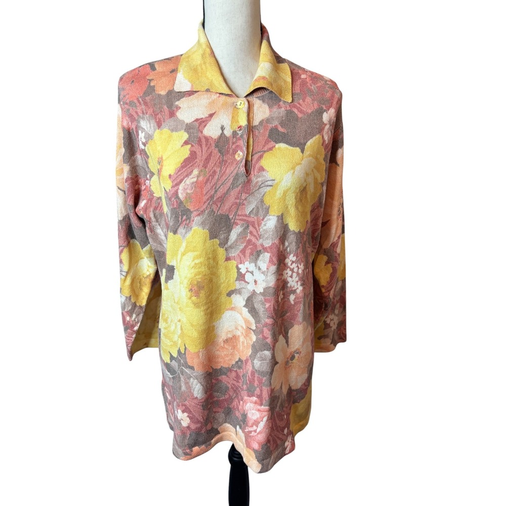 Gabrielle T Italy Floral Knit Polo Tunic Sweater Yellow Orange Brown Size M